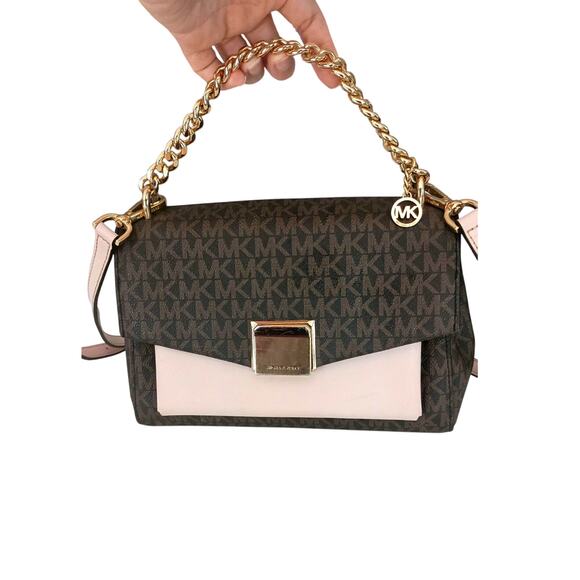 Michael Kors Lita crossbody pink and brown gold accents. Care Quality card, chic - Picture 1 of 12